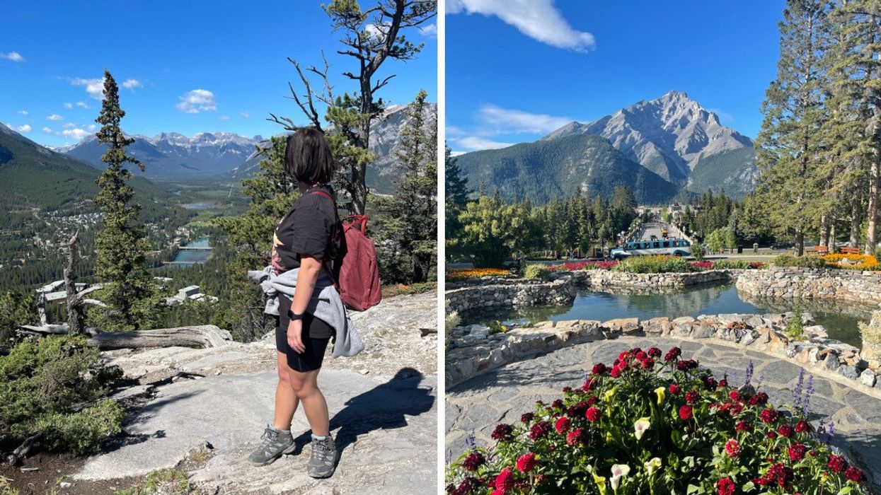 Charlie at the top of Tunnel Mountain. Right: Banff