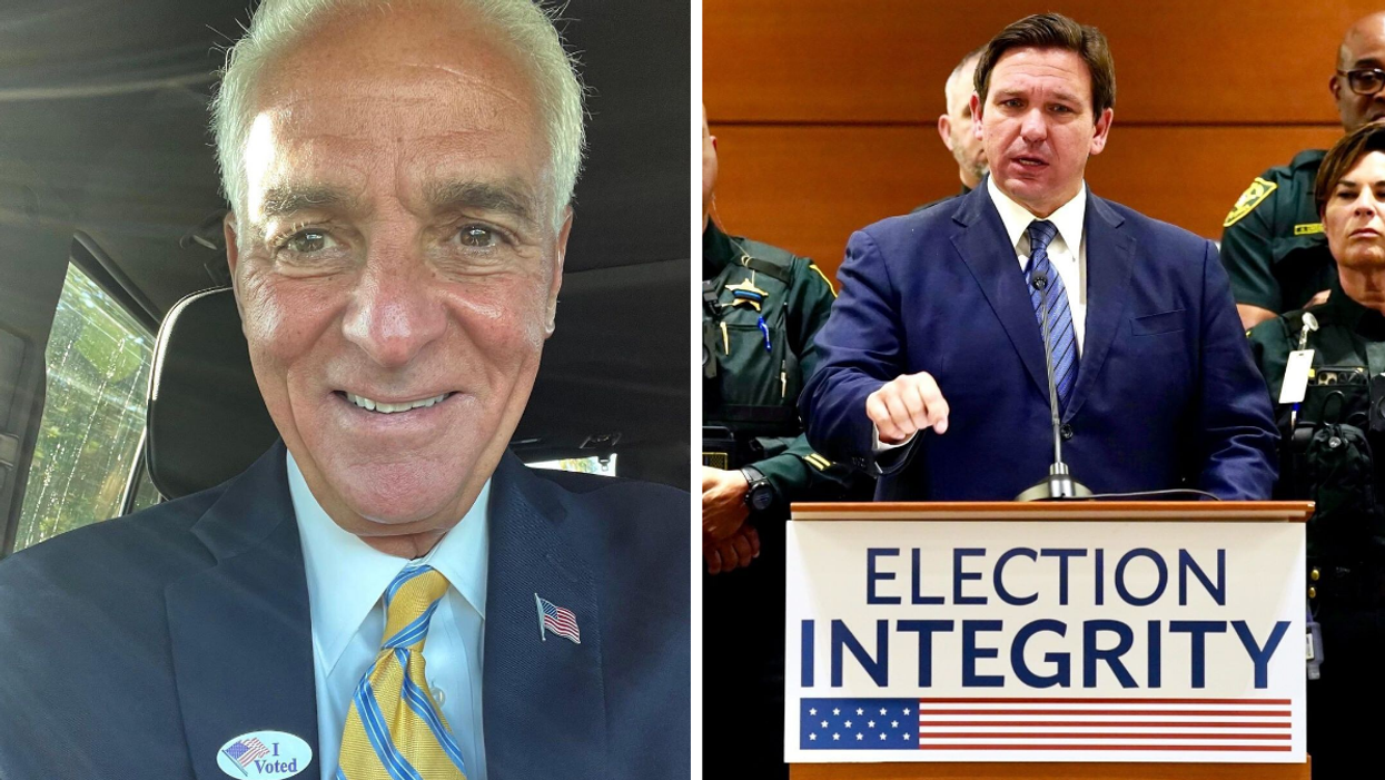Charlie Crist in a suit in a car. Right: Ron DeSantis behind a podium.