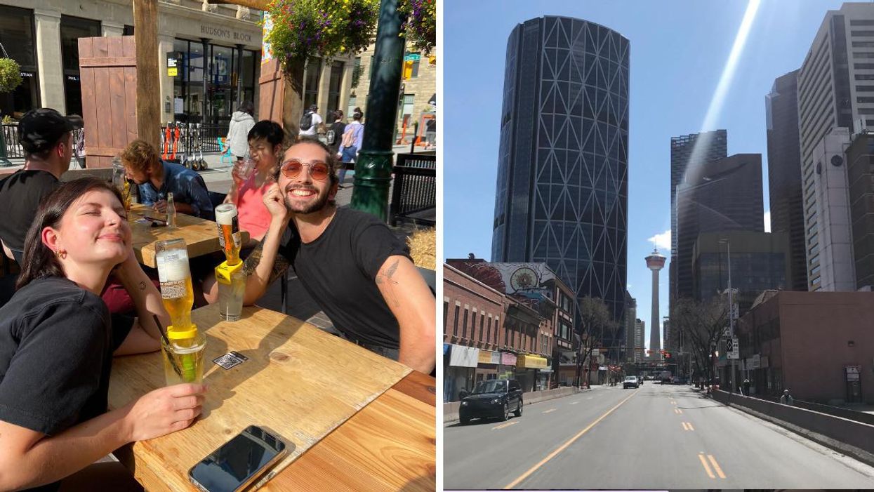 Charlie enjoying drinks on Stephen Ave. Right: Downtown Calgary with a view of Calgary Tower.