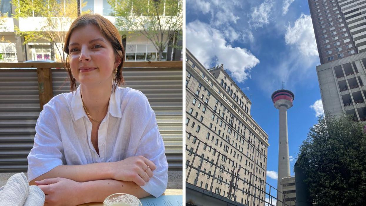 Charlie Hart at a restaurant. Right: A view of the Calgary Tower.