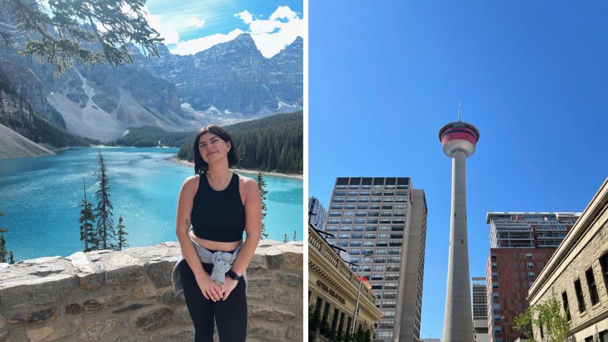 Charlie Hart at Moraine Lake. Right: The Calgary Tower.