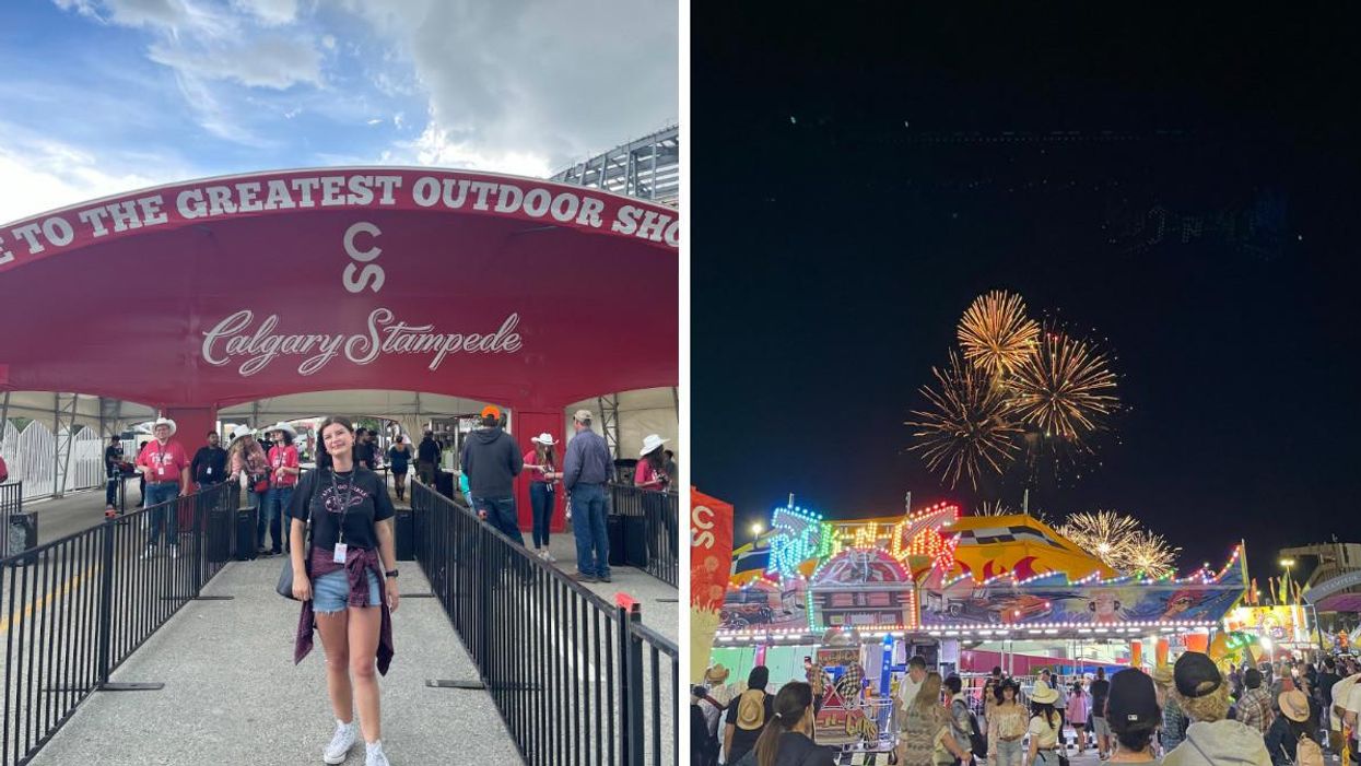 Charlie Hart at the Calgary Stampede entrance. Right: Fireworks above the Calgary Stampede midway.