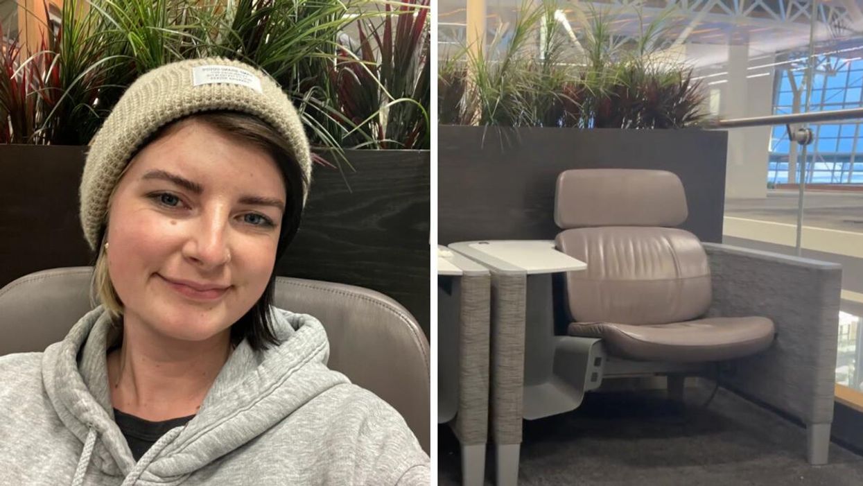 Charlie Hart in the Calgary Airport Aspire Lounge. Right: A seat in the Calgary Airport Aspire Lounge.