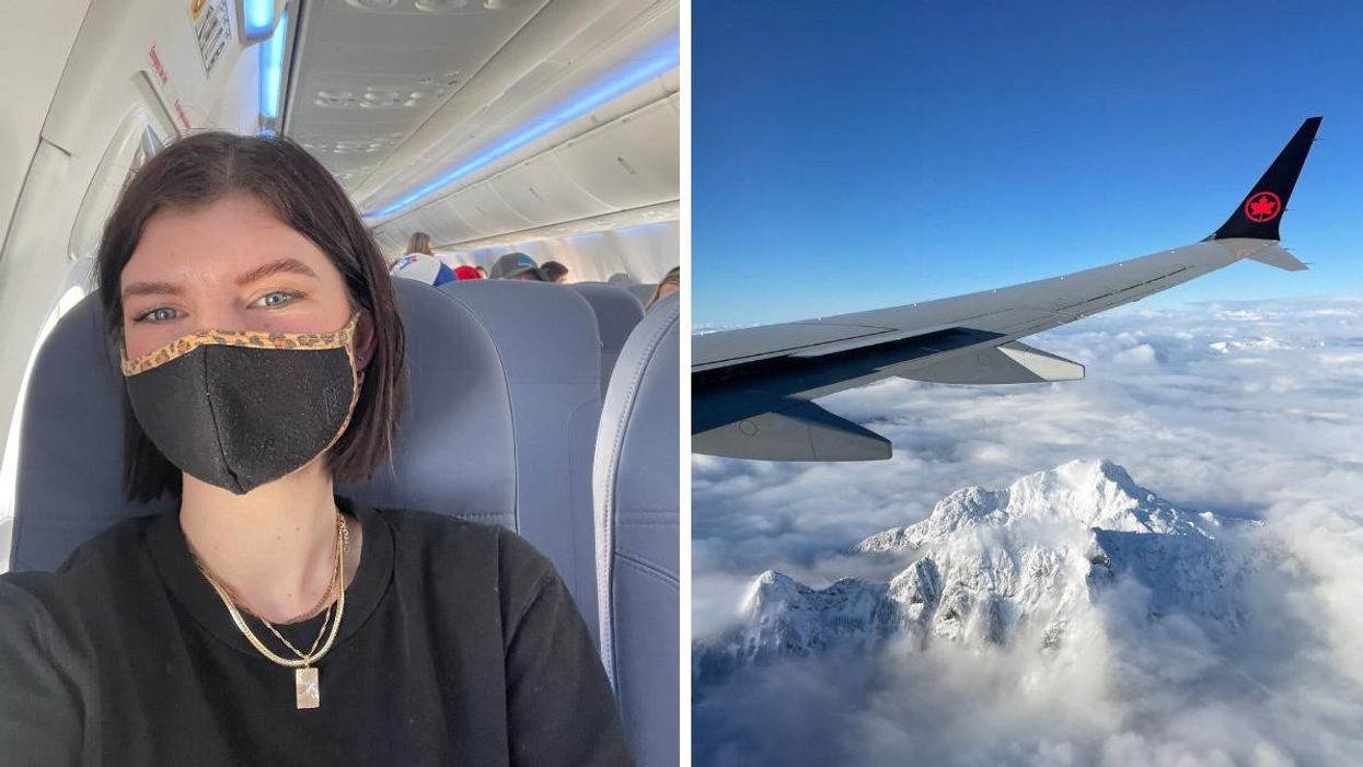 Charlie Hart on board a Lynx Air flight. Right: The view out the window on an Air Canada flight.