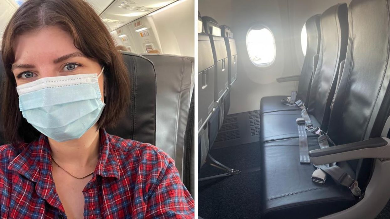 Charlie Hart on board a Lynx flight. Right: The seats on board the Lynx flight.