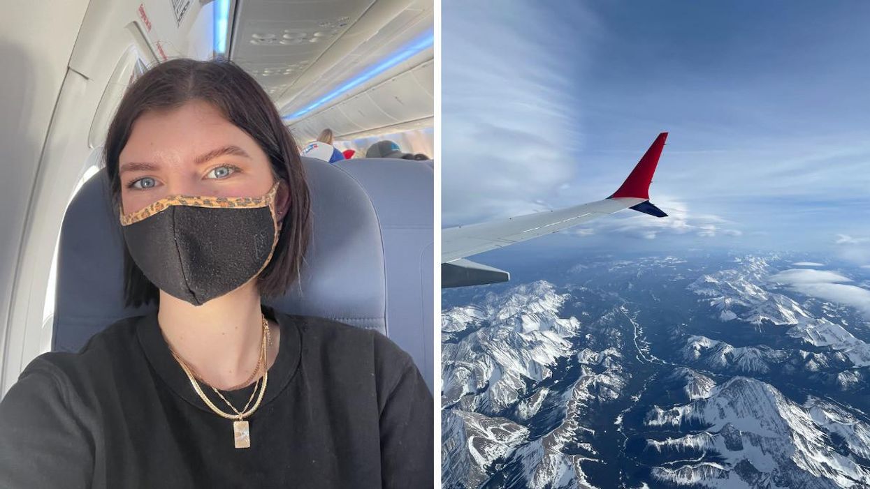 Charlie Hart on board the Lynx Air flight. Right: A view over the mountains on the Lynx Air flight.