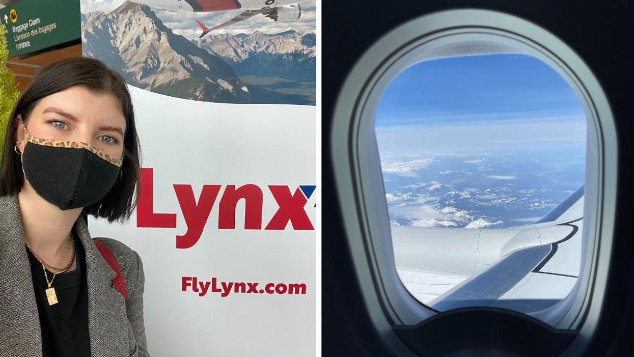 Charlie Hart waiting to board the Lynx flight. Right: A view out the window on the Lynx flight.