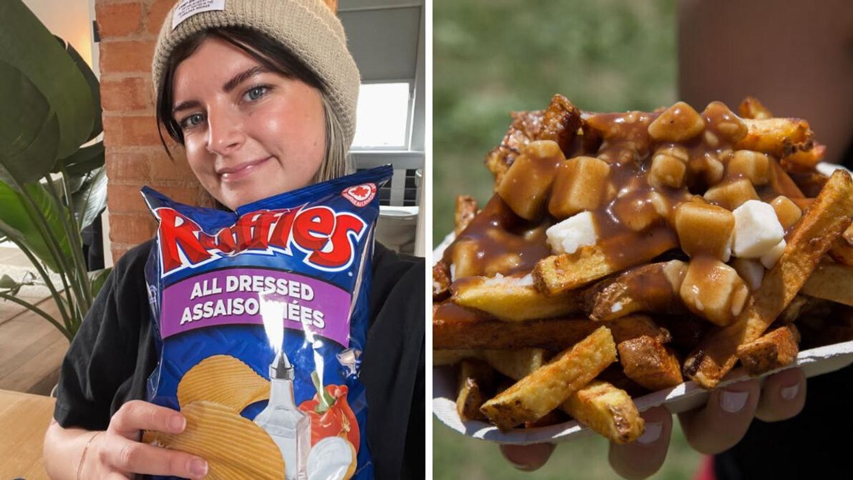 Charlie holding a bag of Ruffles. Right: Poutine.