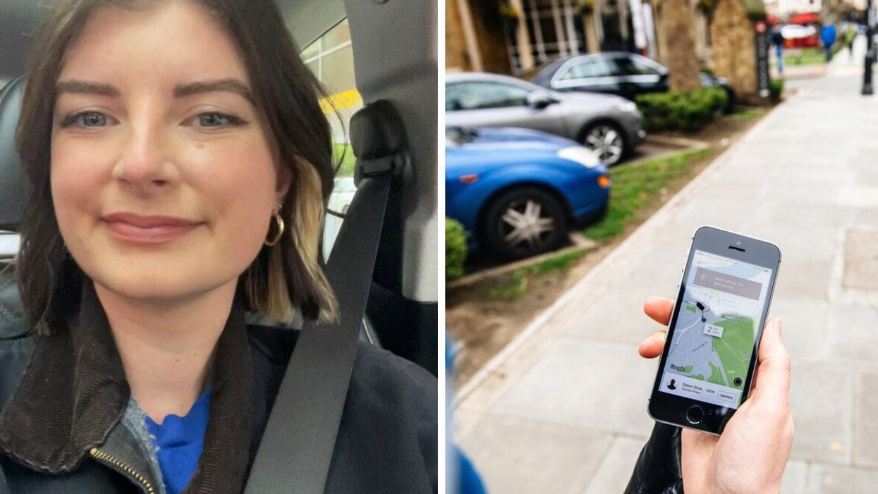 Charlie in a Lyft car. Right: Someone using the Uber app.