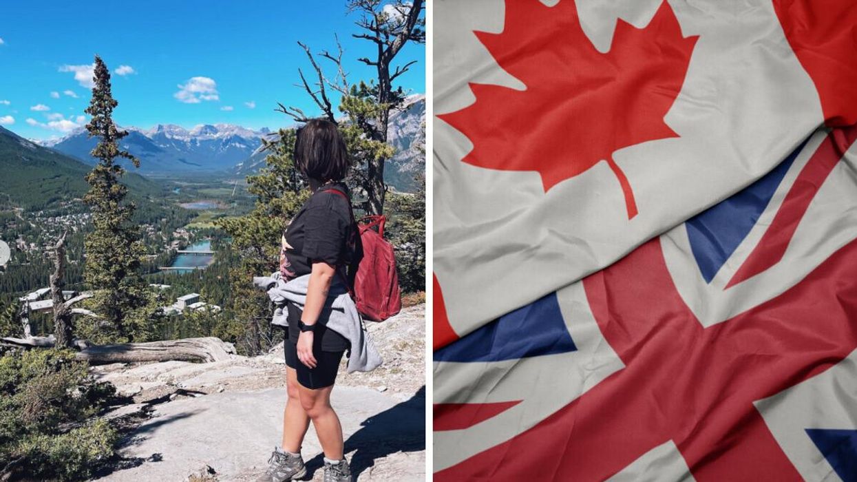 Charlie in Canada. Right: The Canadian and British flags.