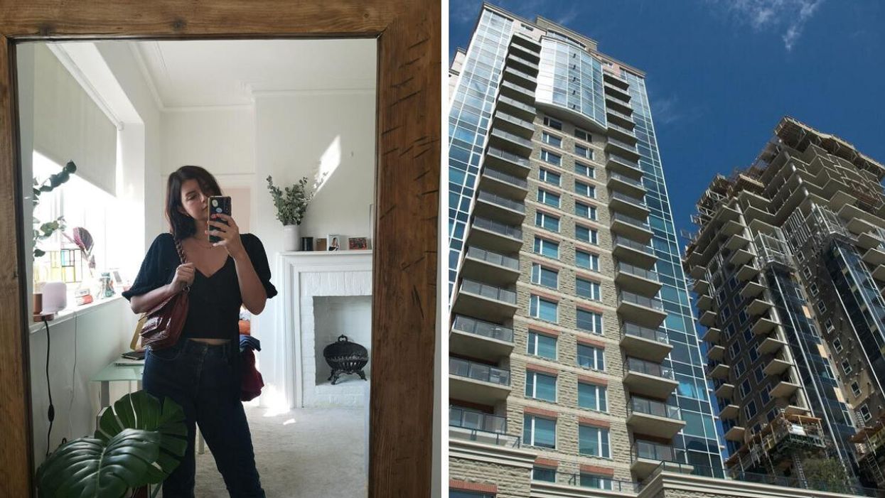 Charlie in her London flat. Right: Condo buildings in Calgary.