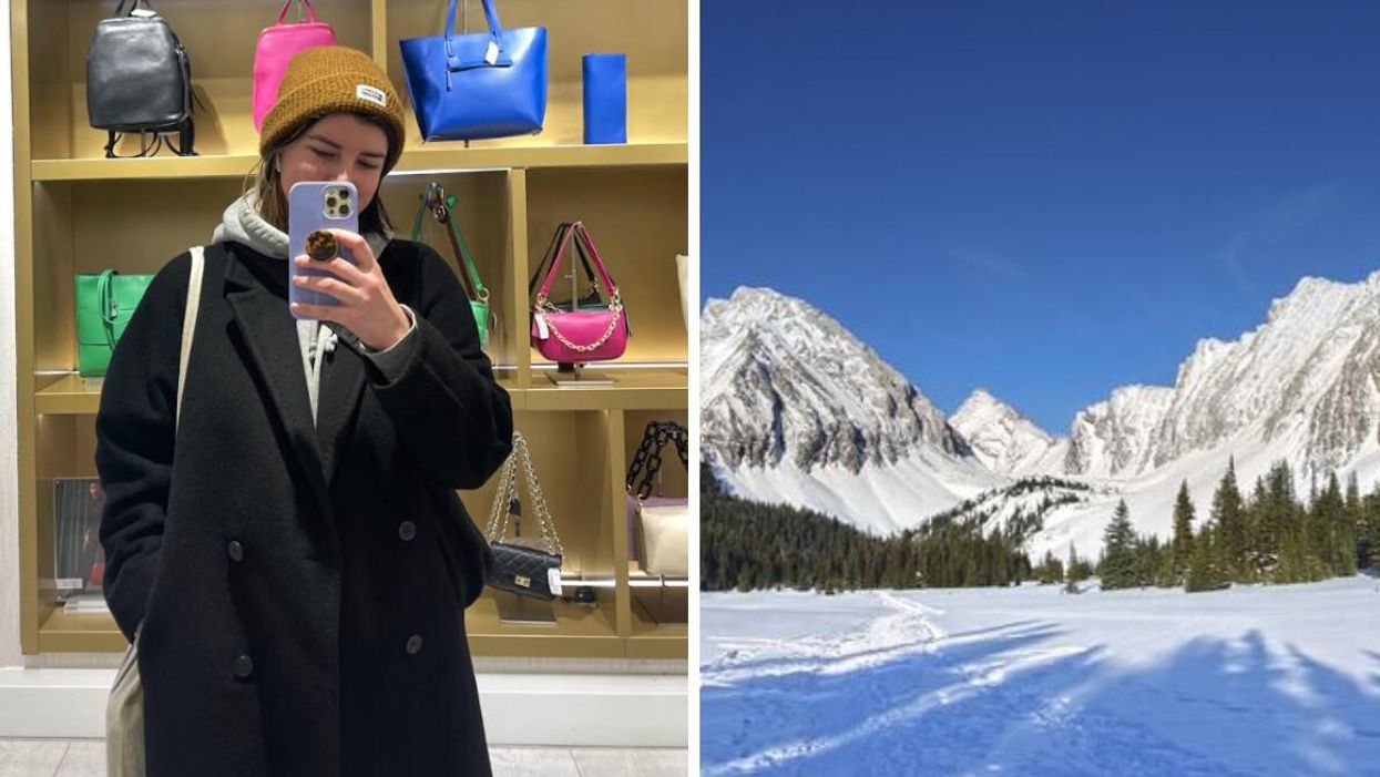 Charlie in winter clothes. Right: Alberta in winter.