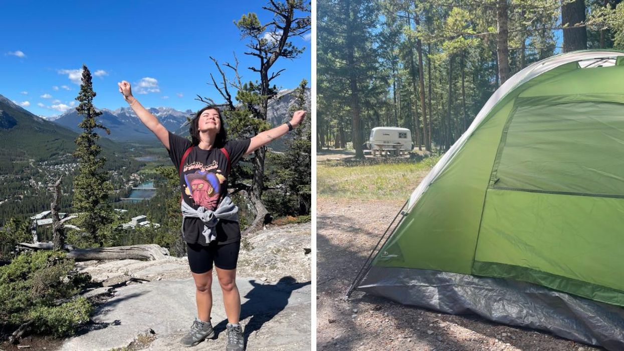 Charlie on Tunnel Mountain. Right: A tent in a campsite.