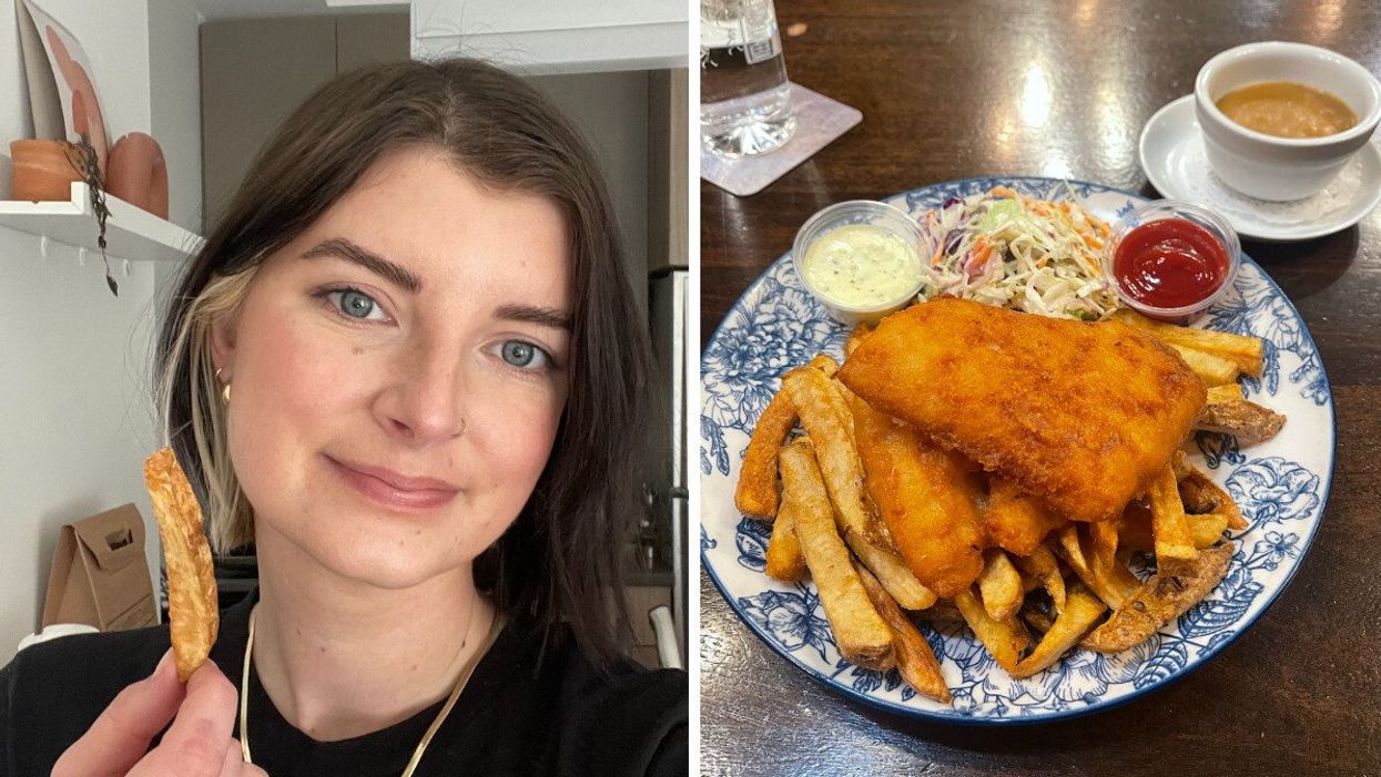 Charlie trying fish and chips in Canada for the first time.