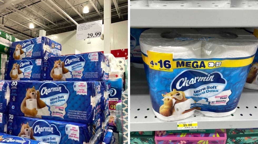 charmin toilet paper packs at costco. right: charmin toilet paper at dollarama