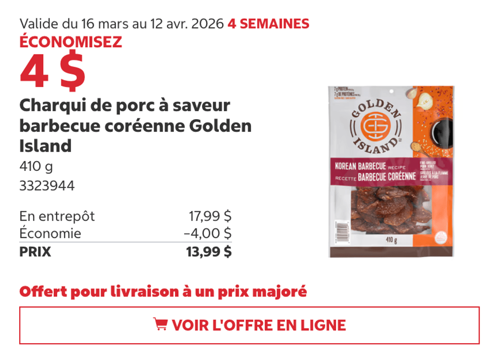 Charqui de porc \u00e0 saveur barbecue cor\u00e9enne Golden Island en rabais au Costco.