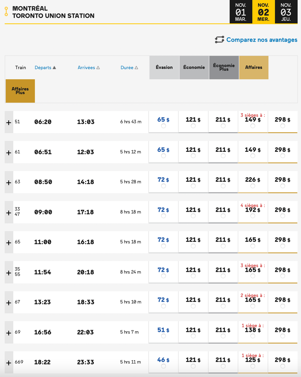 Charte de prix pour un aller en train Montr\u00e9al-Toronto.