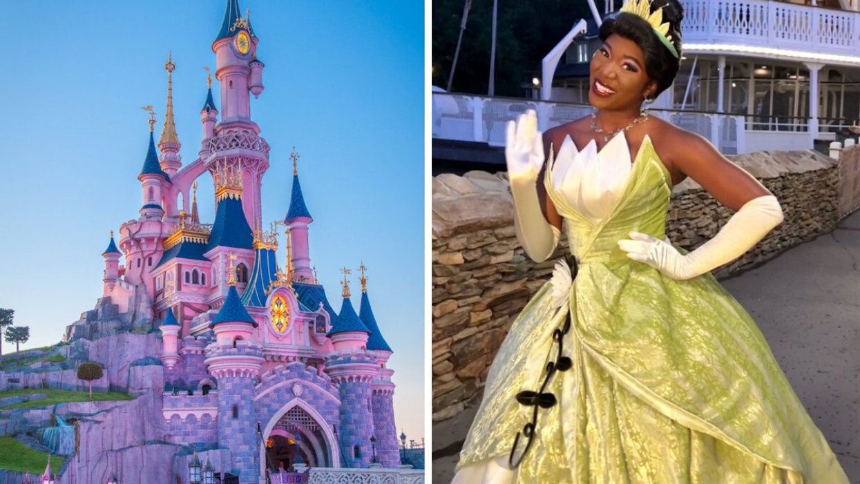 Château aux couleurs mauves et roses. Droite : Princesse avec une robe verte et blanche.