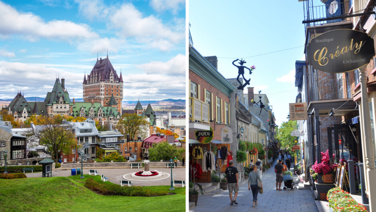 Château Frontenac. Droite: Rue du Petit Champlain.