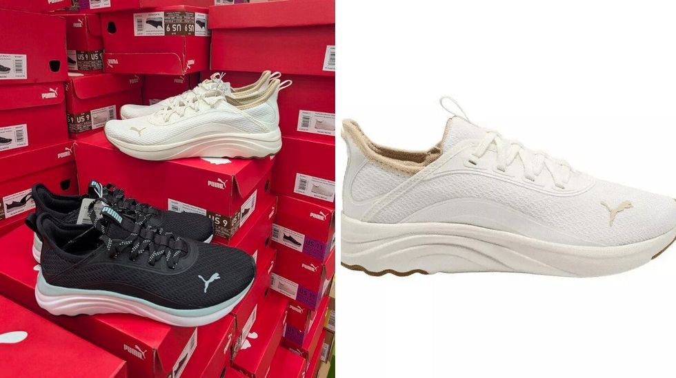 Chaussures de course beige et noires de marque Puma vendues dans le rayon des v\u00eatements chez Costco. Droite : des chaussures PUMA beiges sur fond blanc.
