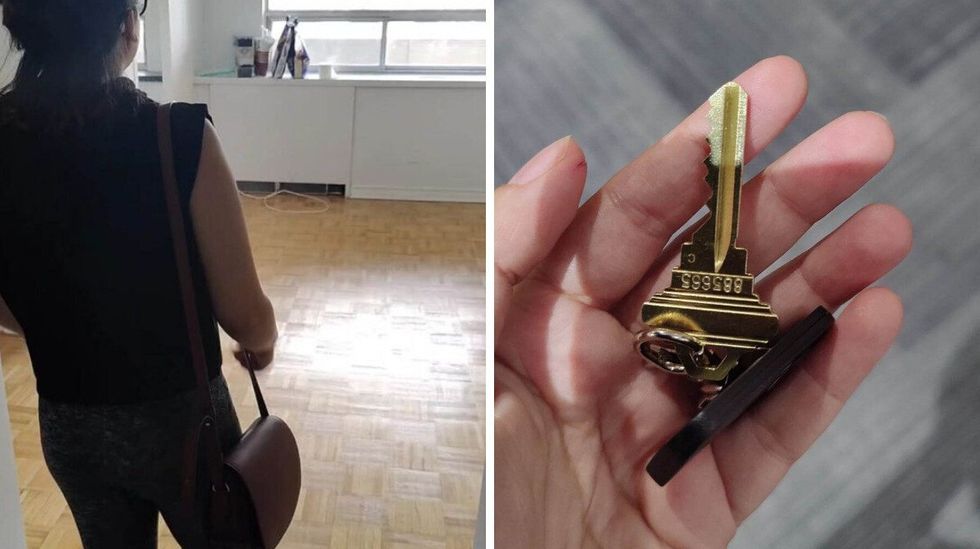 Checking out an apartment. Right: A key to my first solo place.