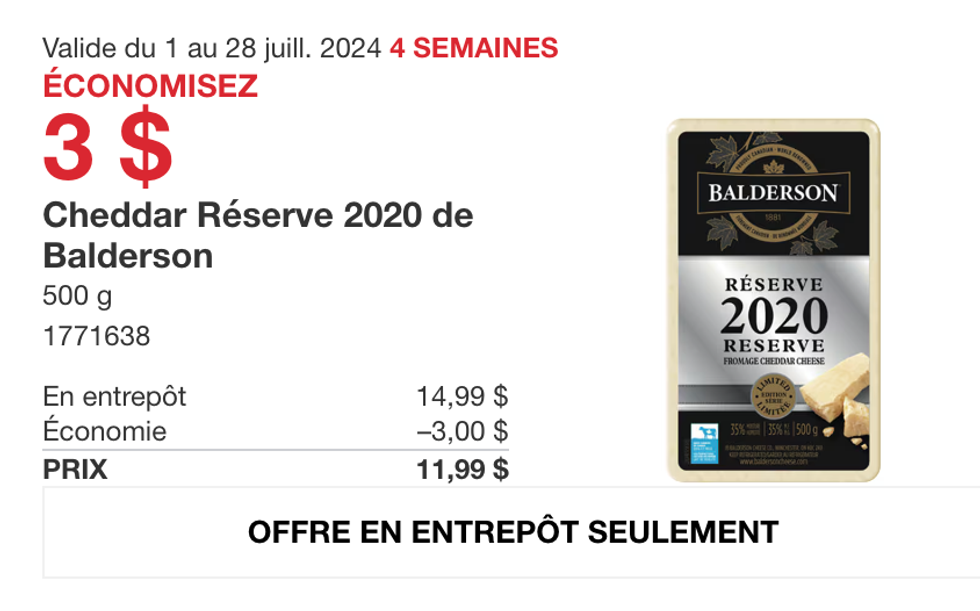 Cheddar R\u00e9serve 2020 de Balderson en rabais au Costco.