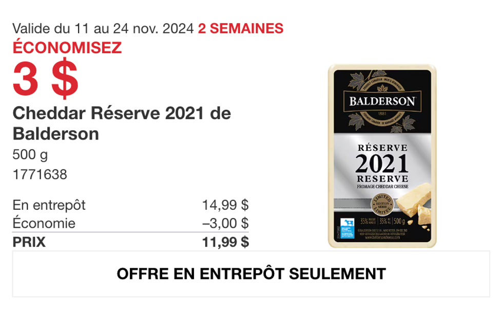 Cheddar R\u00e9serve 2021 de Baderson dans la circulaire du Costco.