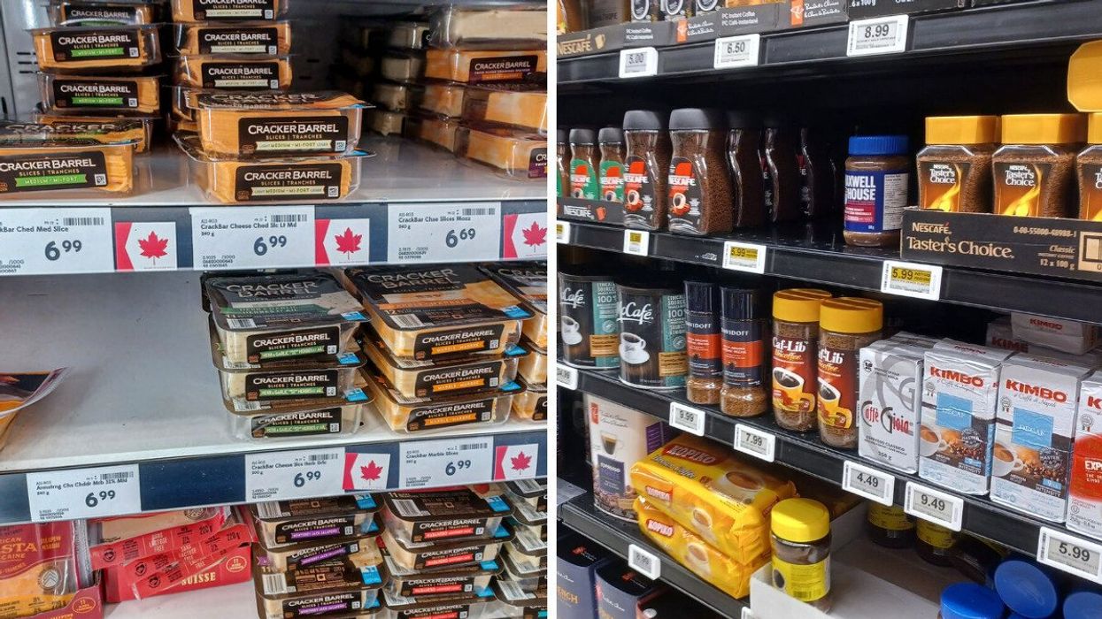 cheese products with canada flag labels in grocery store. right: coffee products on shelves at grocery store in canada