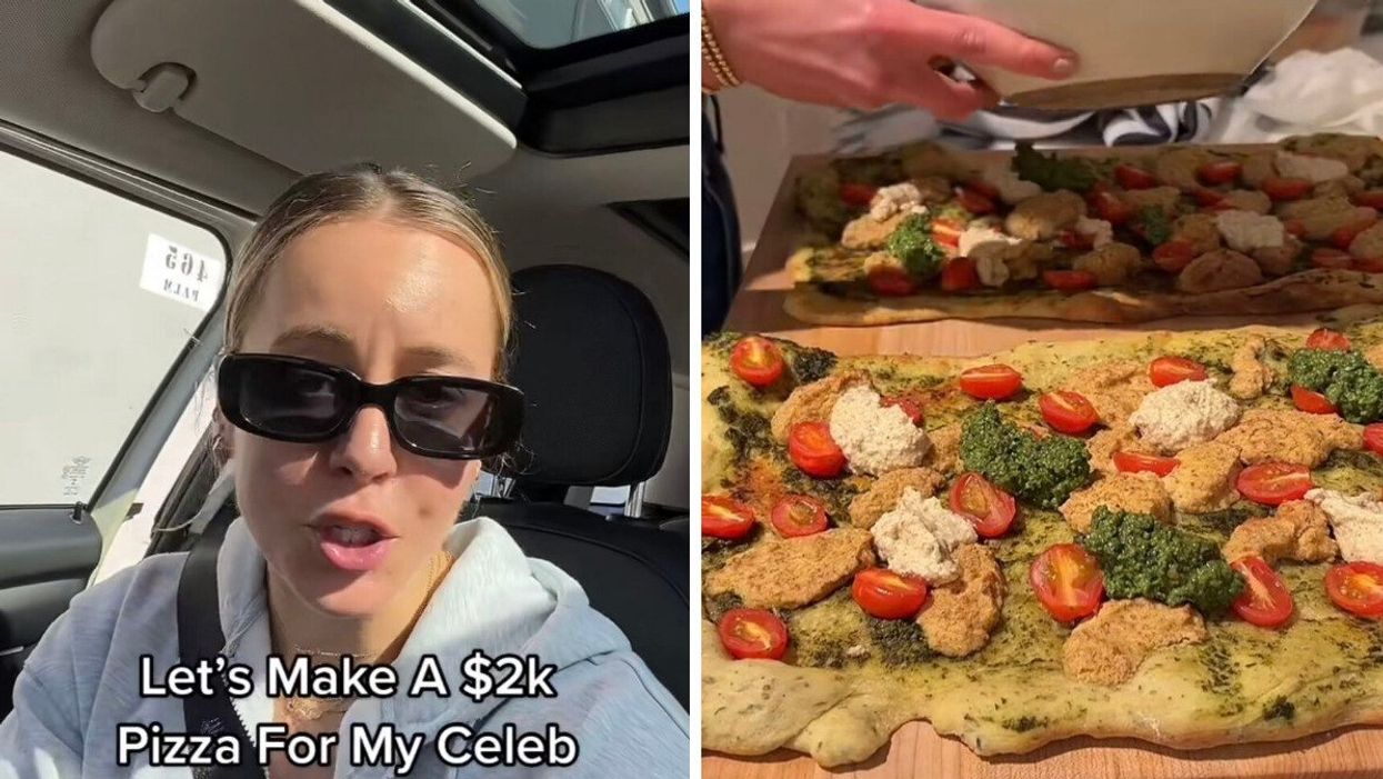 Chef Bae in her viral TikTok video. Right: The $2,000 pizza prepared by Chef Bae.