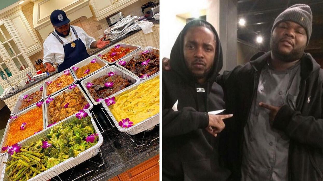 Chef Baul in the kitchen with food. Right: Chef Baul and Kendrick Lamar.