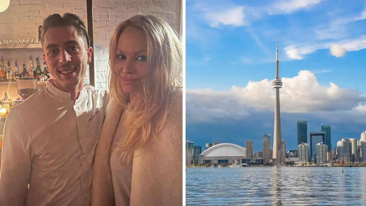 Chef Francesco Spinelli and Pamela Anderson. Right: CN Tower in Toronto.