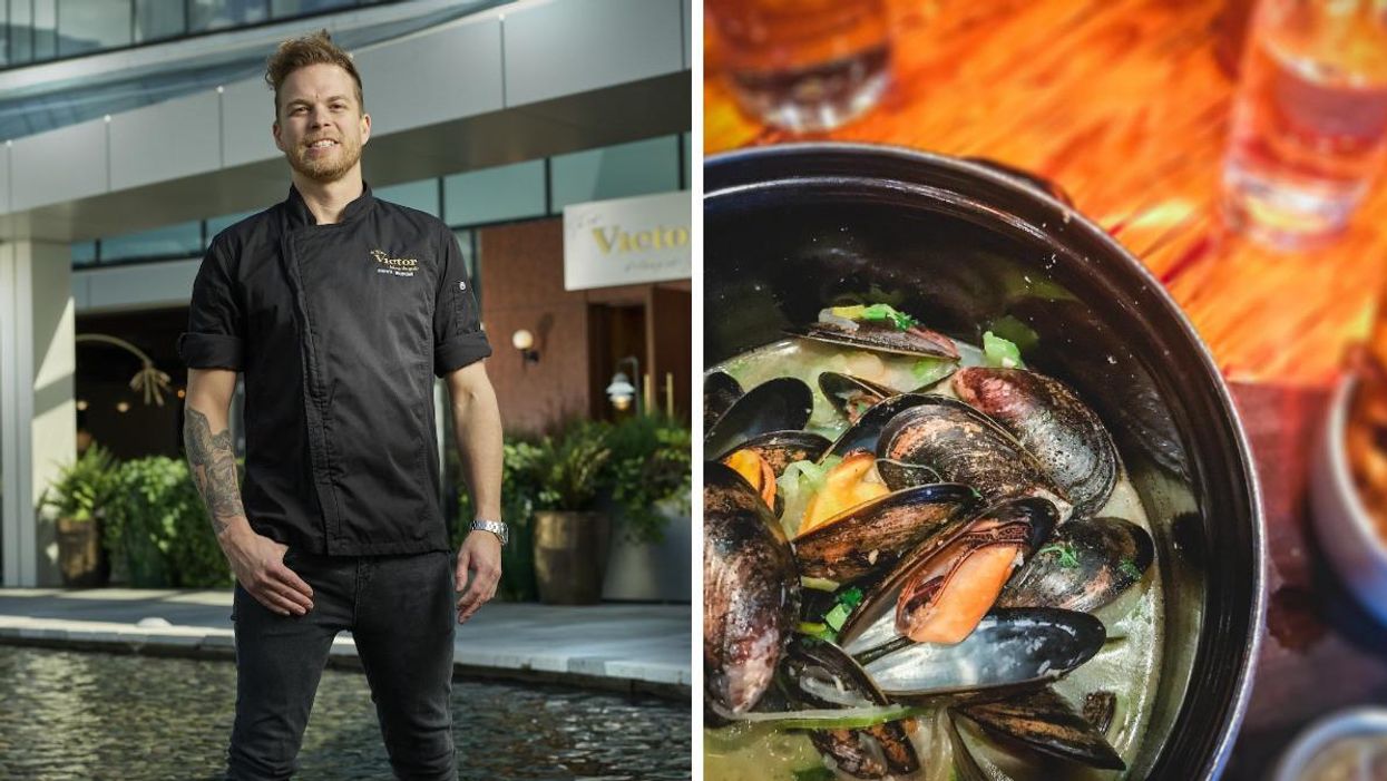 Chef Garrett Blundell. Right: Moules-frites dish.