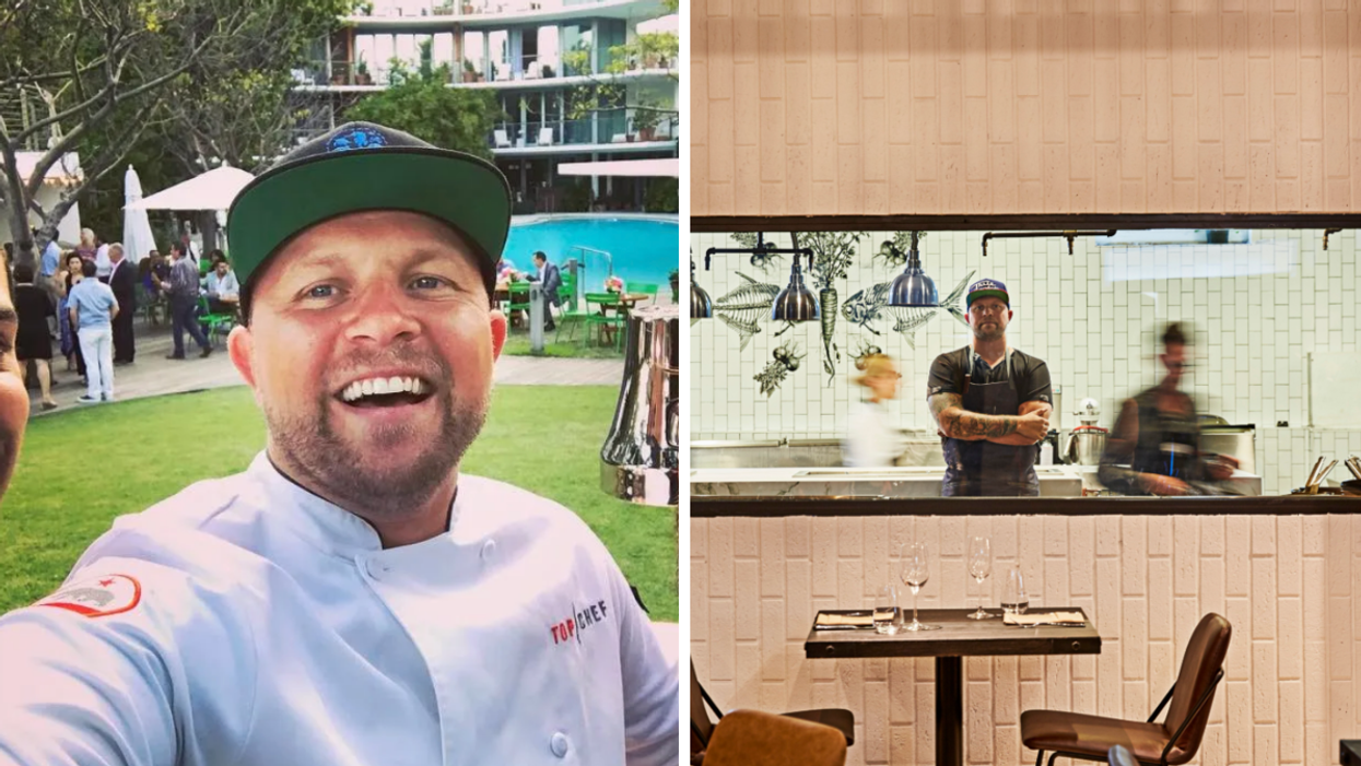 Chef Jeremy Ford in his "Top Chef" uniform. Right: Chef Jeremy Ford at Stubborn Seed.