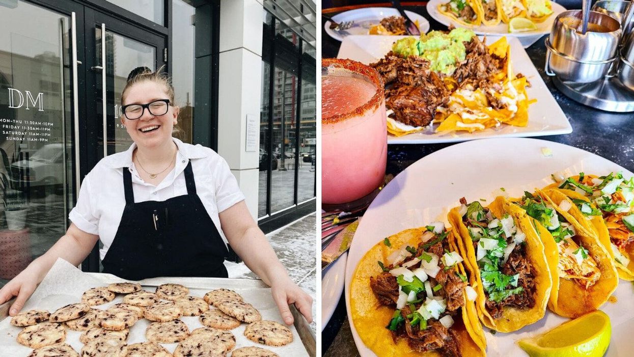 Chef Kayla Woods at Donna Mac in Calgary holding a plate of cookies. Right: A plate of tacos at Tacos Mexico in Calgary.