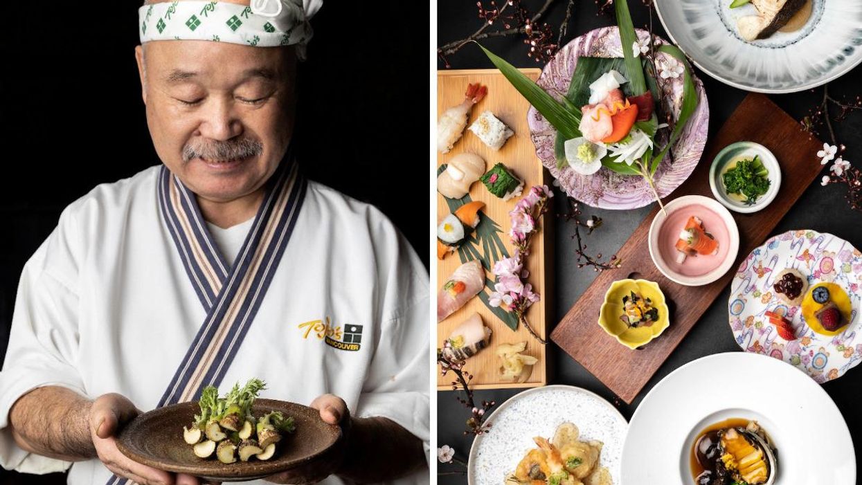 Chef Tojo holding a dish. Right: Sushi dish from Tojo's restaurant in Vancouver.