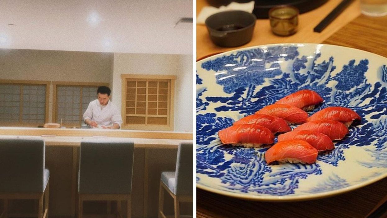 Chef Yoji Masuda stands in his "plain" Vancouver restaurant. Right: A sushi dish from Sushi Masuda.