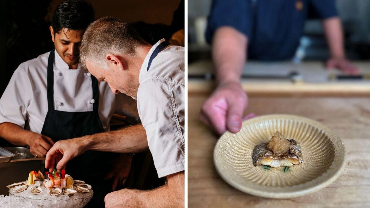 Chefs at Marilena Café and Raw Bar. Right: Food from Kappo Sato in Toronto.