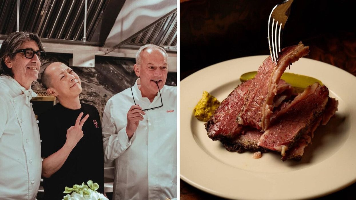 Chefs Didier Leroy, Masaki Saito and Christian Le Squer of LSL Restaurant. Right: Thick-cut pastrami from Linny's Restaurant.
