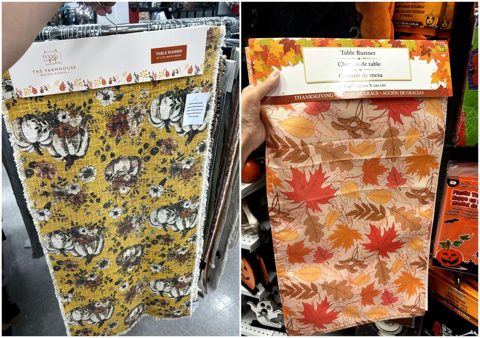 Chemin de table color\u00e9 du HomeSense. Droite : Chemin de table color\u00e9 du Dollarama.