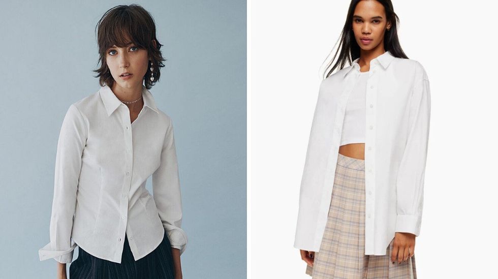 Chemise blanche au Simons. Droite : Chemise blanche au Aritzia.