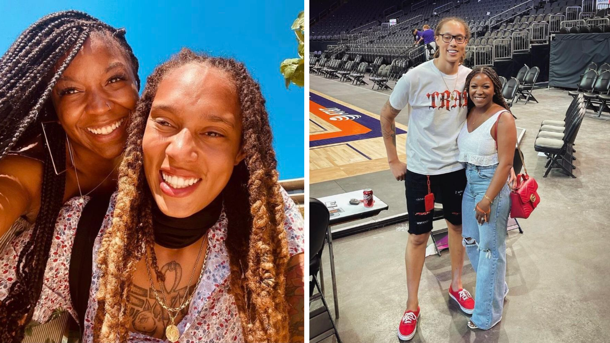 Cherelle and Brittany Griner in a selfie. Right: Brittney in a white shirt and black shorts and Cherelle in a white top and blue jeans.