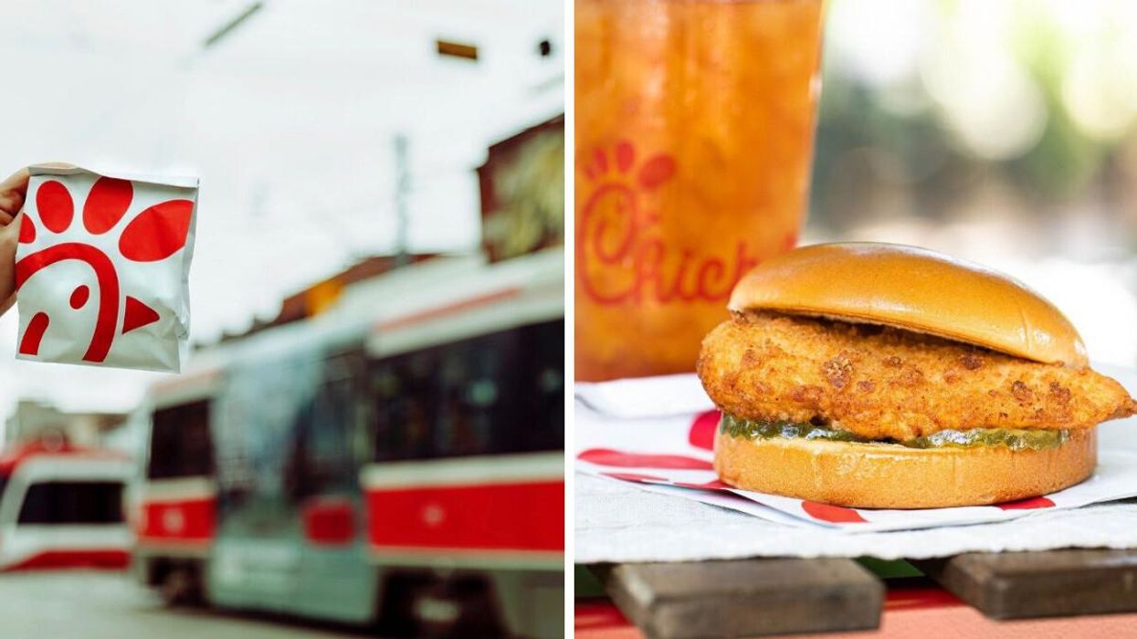 Chick-fil-A Toronto. Right: A Chick-fil-A sandwich.