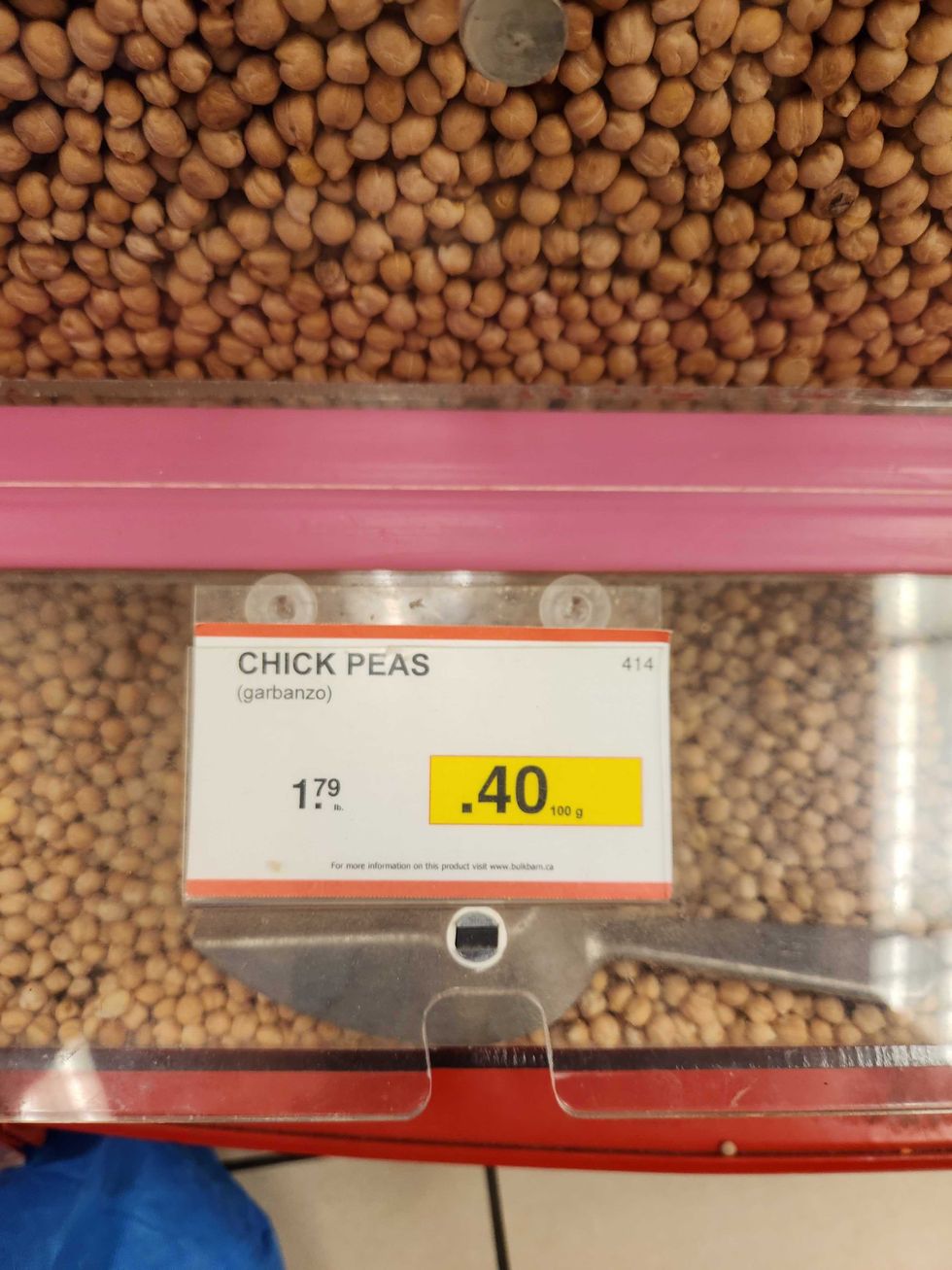 Chick peas at Bulk Barn for $0.40 per 100 grams.