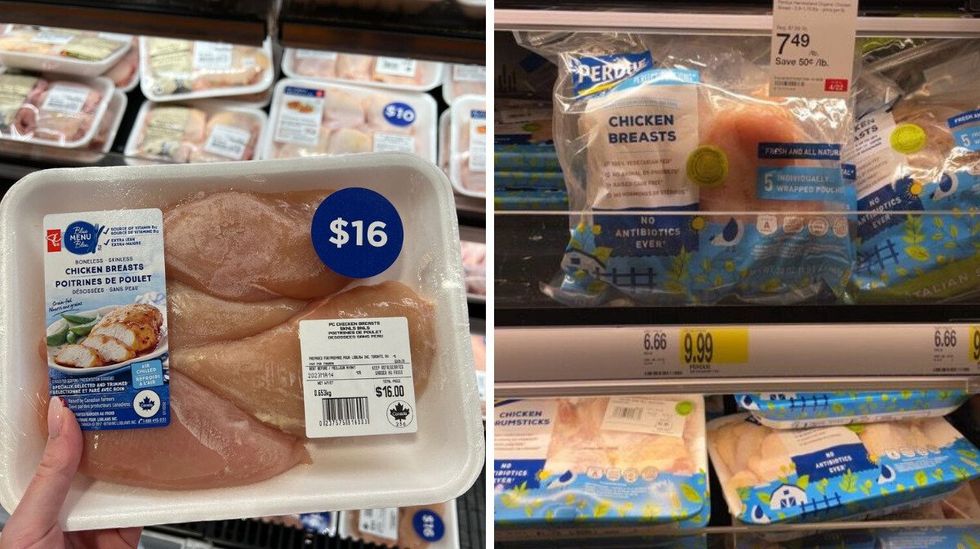 Chicken breasts at Loblaws. Right: Chicken breasts at Target.