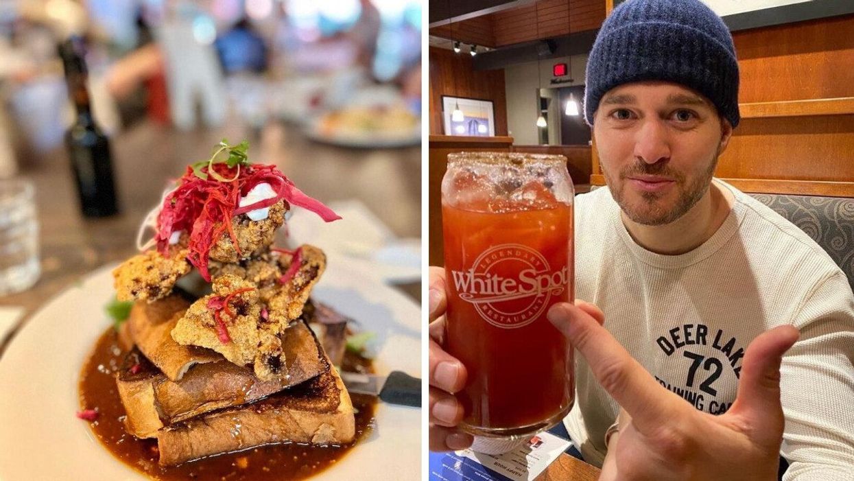 Chicken French Toast at Jam Cafe. .Right: Michael Bublé pointing at a cup that says White Spot on it.