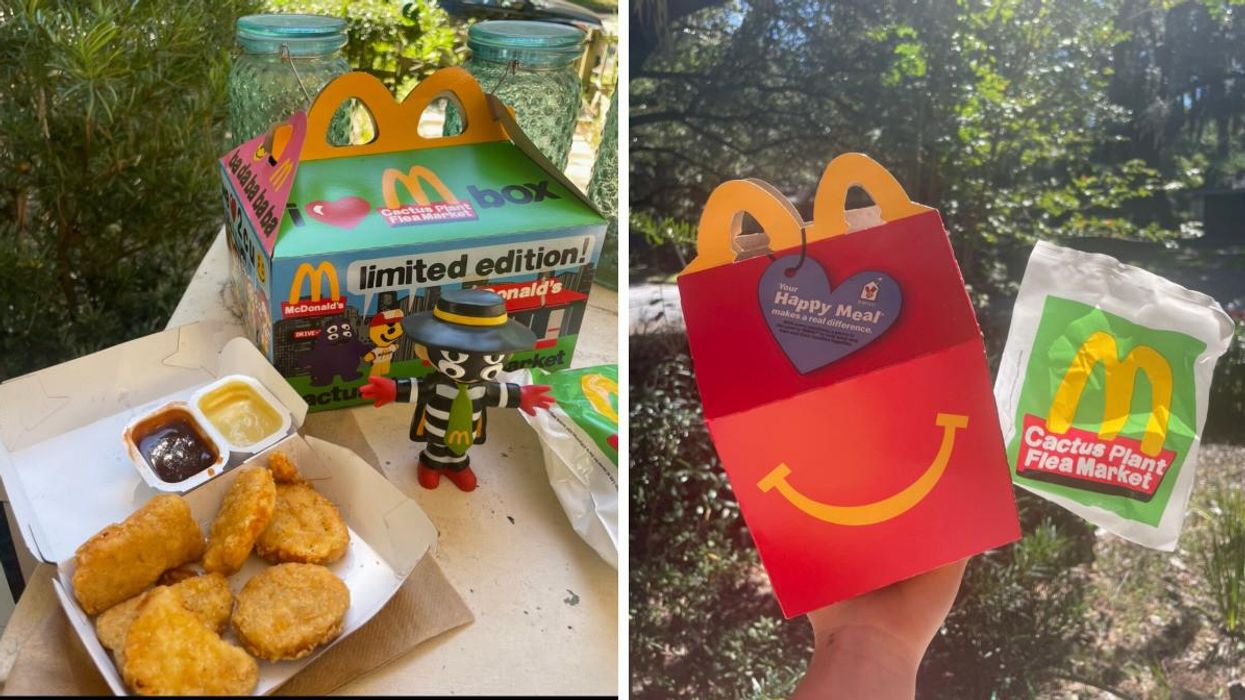 Chicken McNuggets and the Cactus Plant Flea Market box. Right: A happy meal box and packaged toy. 