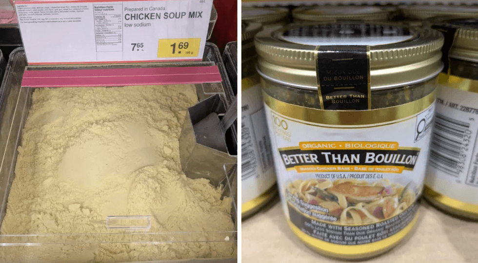 Chicken soup mix with scoop on left. Right: Better Than Bouillon jars on right.