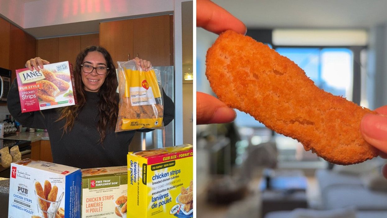 Chicken strips from President's Choice's Free From, President's Choice's Pub Recipe, no name, Janes and Buttermilk Chicken Breast Pieces. Right: A chicken tender.