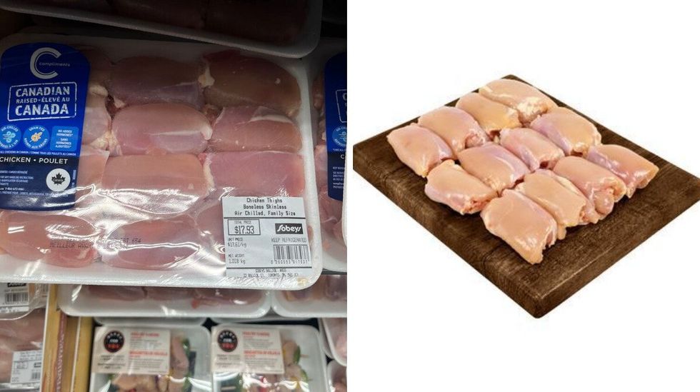 Chicken thigh at Sobeys. Right: Chicken thighs at Metro