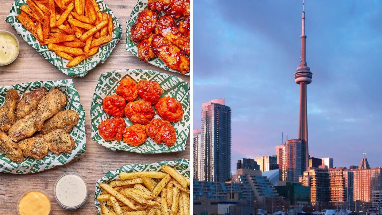 Chicken wings and fries from Wingstop. Right: Toronto skyline in the winter.